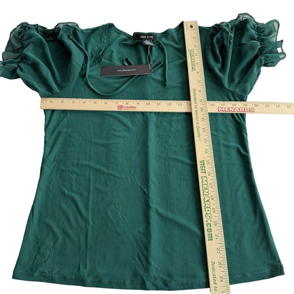 Adele & May Christmas Blouse Sweetheart Neck Stretch Green Ruffles Fancy NWT  L - Picture 2 of 7